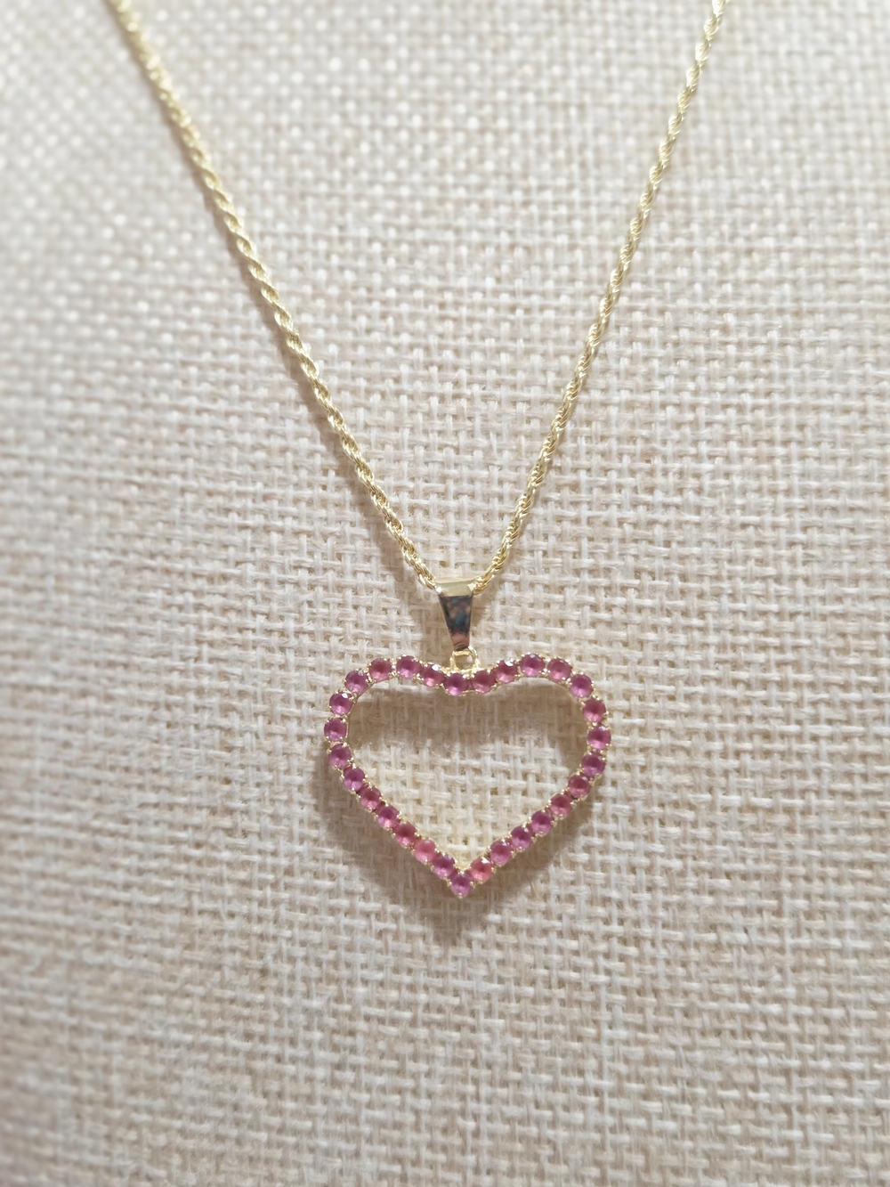 Gold Heart Pendant Necklace with Pink Gem Accents - Picture 2 of 4
